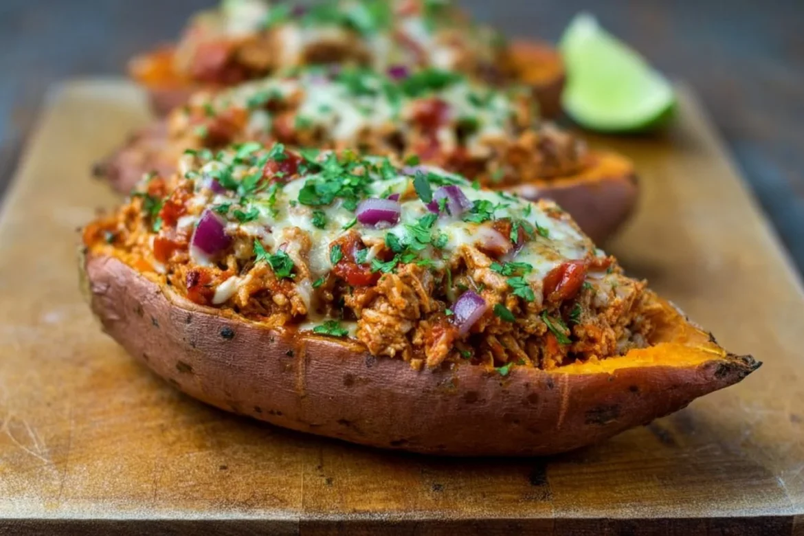Turkey Taco Stuffed Sweet Potato with toppings on a plate