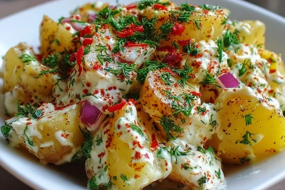 Turkish potato salad with fresh vegetables and herbs in a bowl