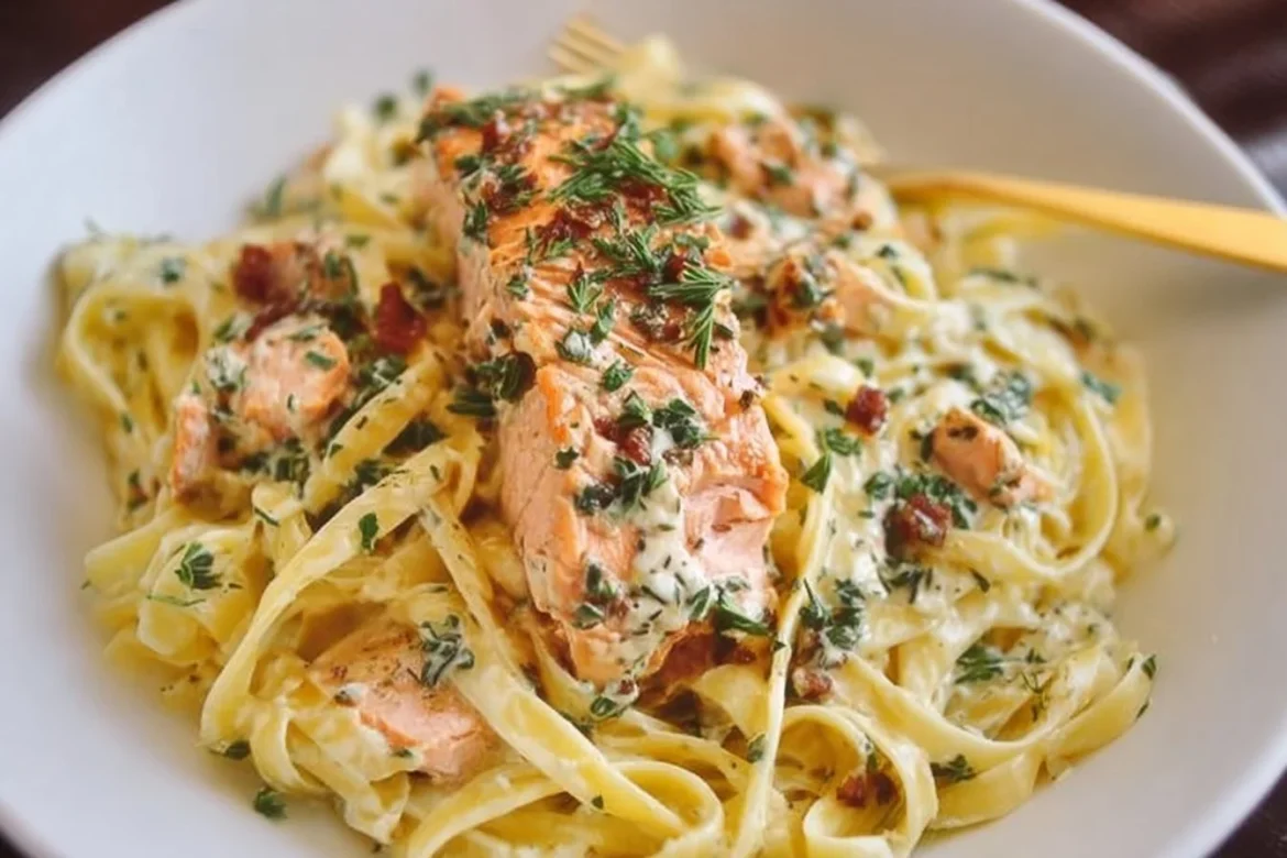 Delicious Tuscan Salmon Fettuccini Alfredo served in a creamy sauce