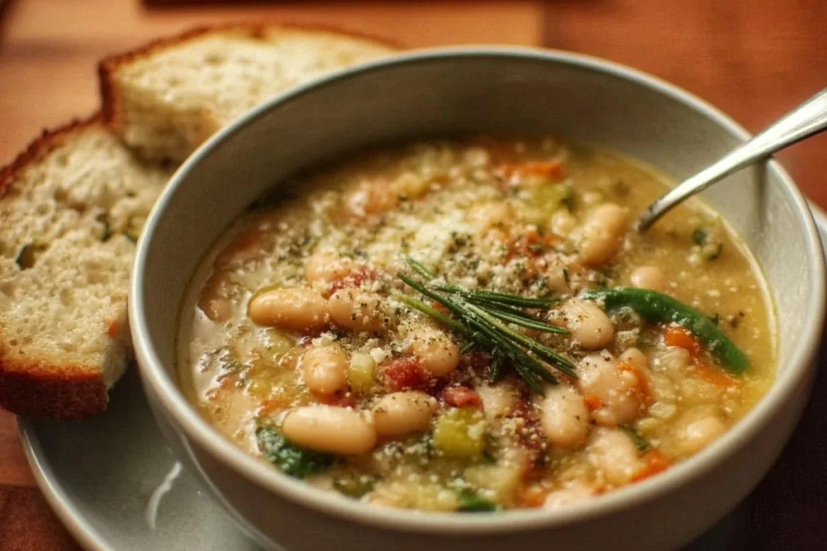 Bowl of delicious Tuscan White Bean Soup garnished with fresh herbs.