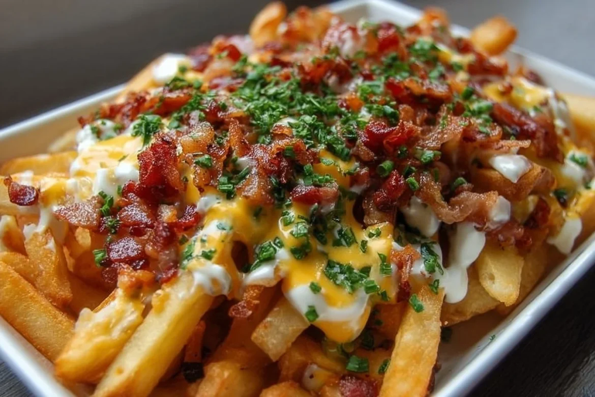 Delicious loaded fries with toppings for a perfect snack or side dish