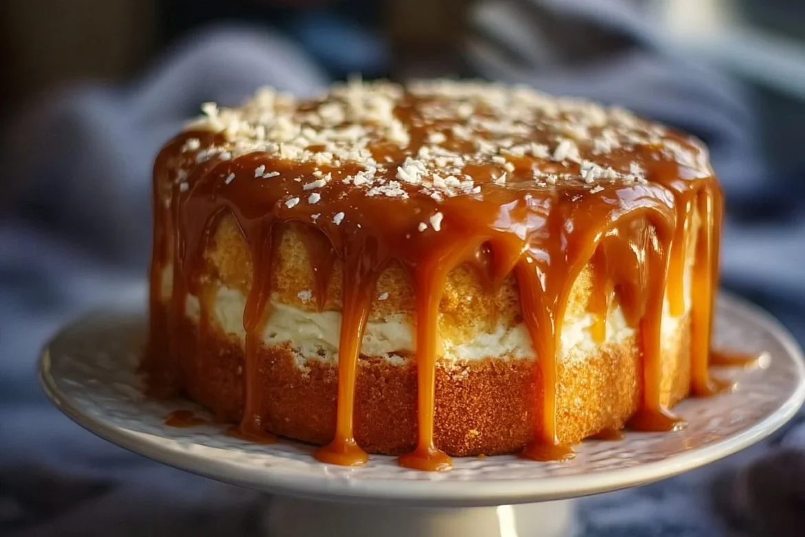 Delicious vanilla bean caramel cake with rich caramel drizzle
