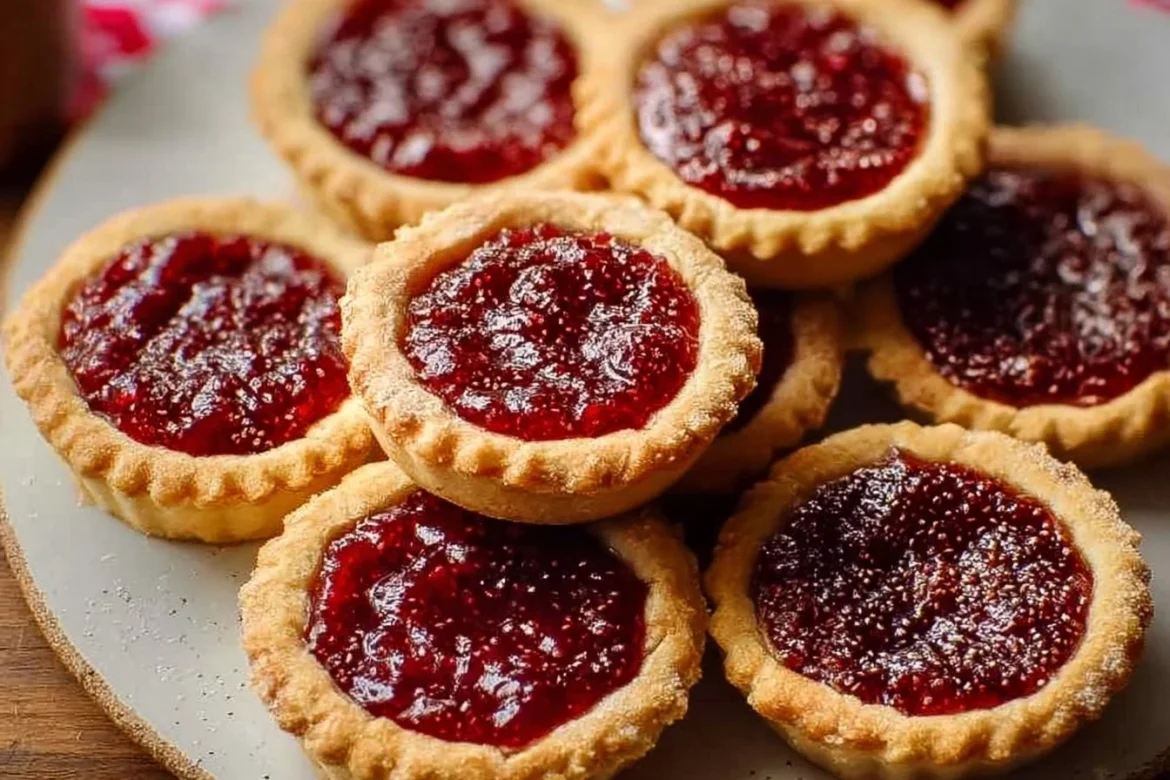 Delicious vegan jam tarts filled with fruit preserves on a white plate