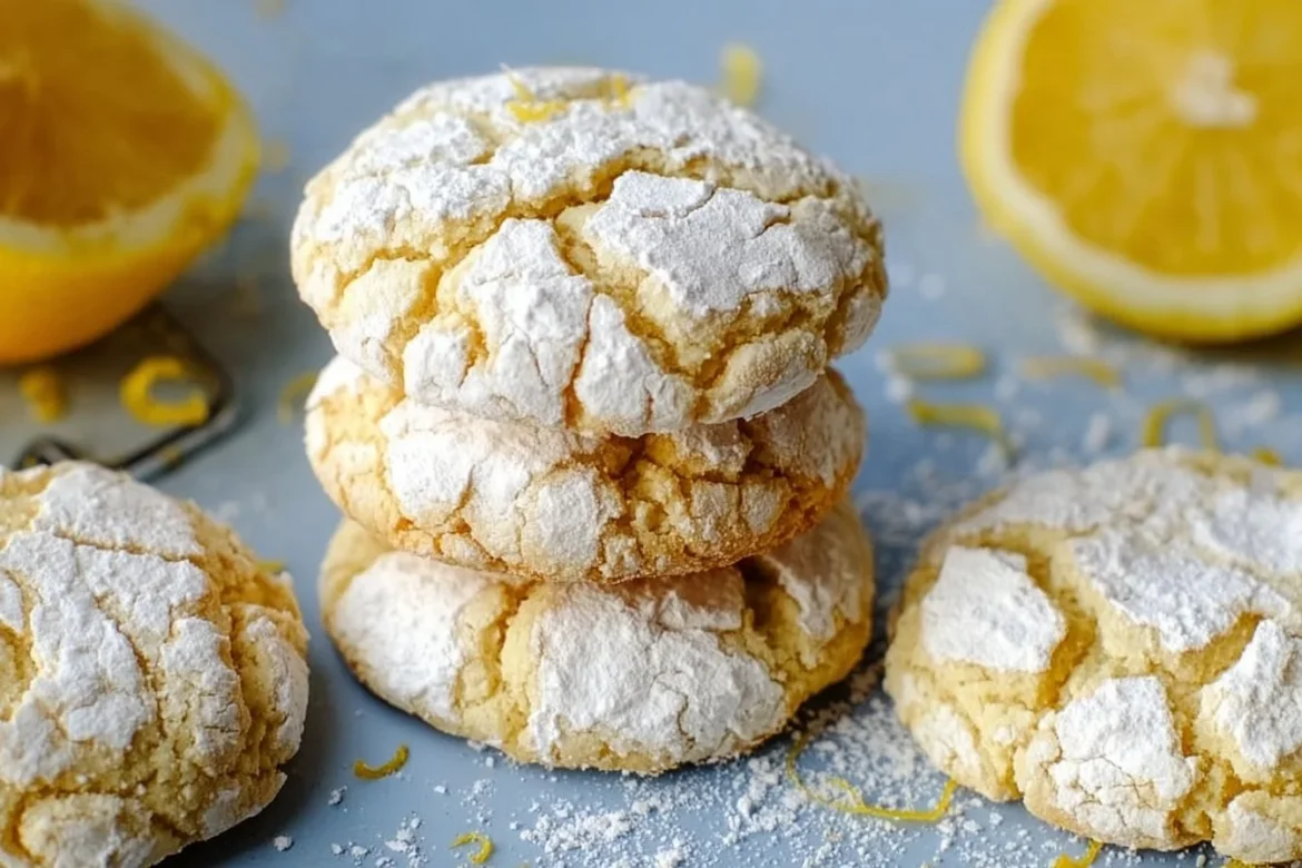 Plate of Vegan Lemon Crinkle Cookies dusted with powdered sugar