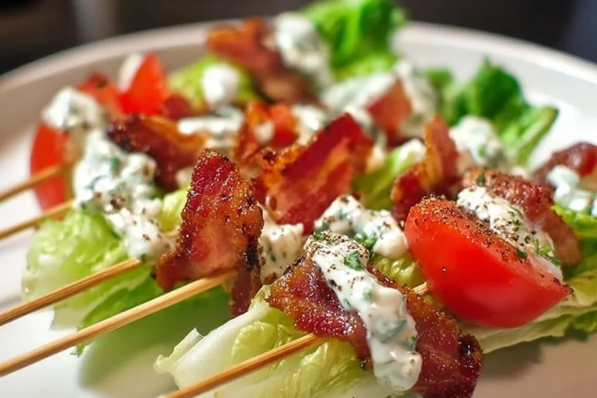 Wedge salad skewers with lettuce, bacon, and blue cheese dressing
