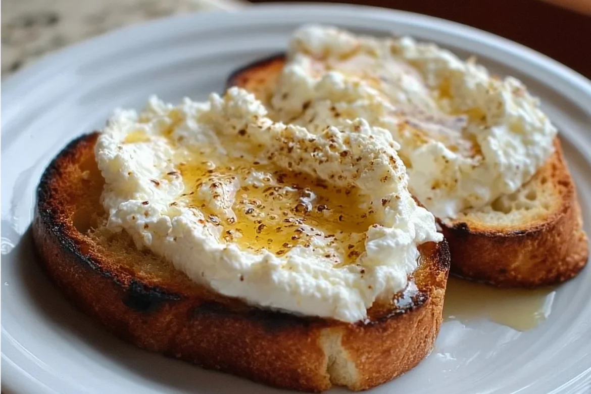 Whipped ricotta honey toast topped with drizzled honey and fresh fruit.