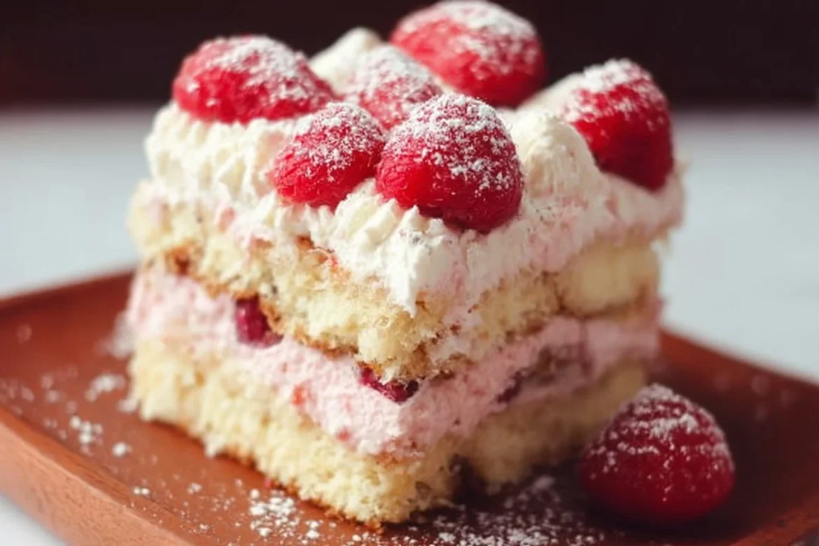 Delicious White Chocolate Raspberry Tiramisu dessert layered with creamy goodness