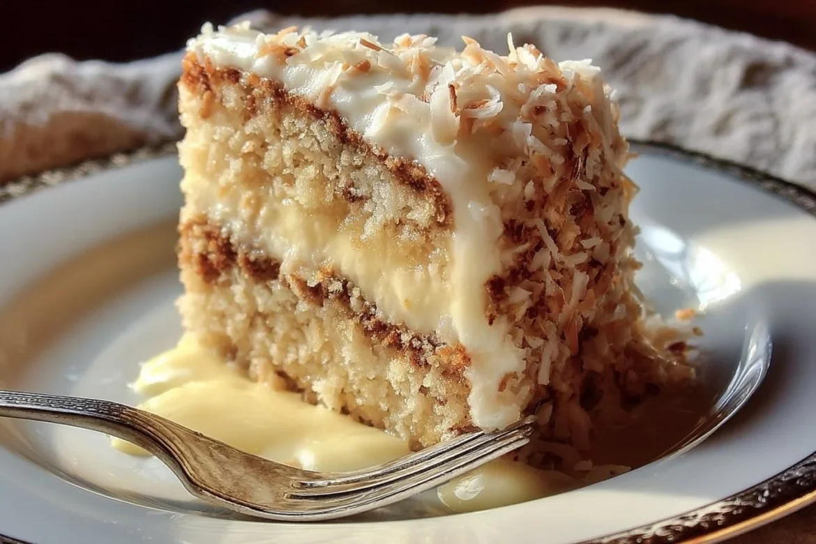 Delicious White German Chocolate Cake topped with coconut and pecan frosting