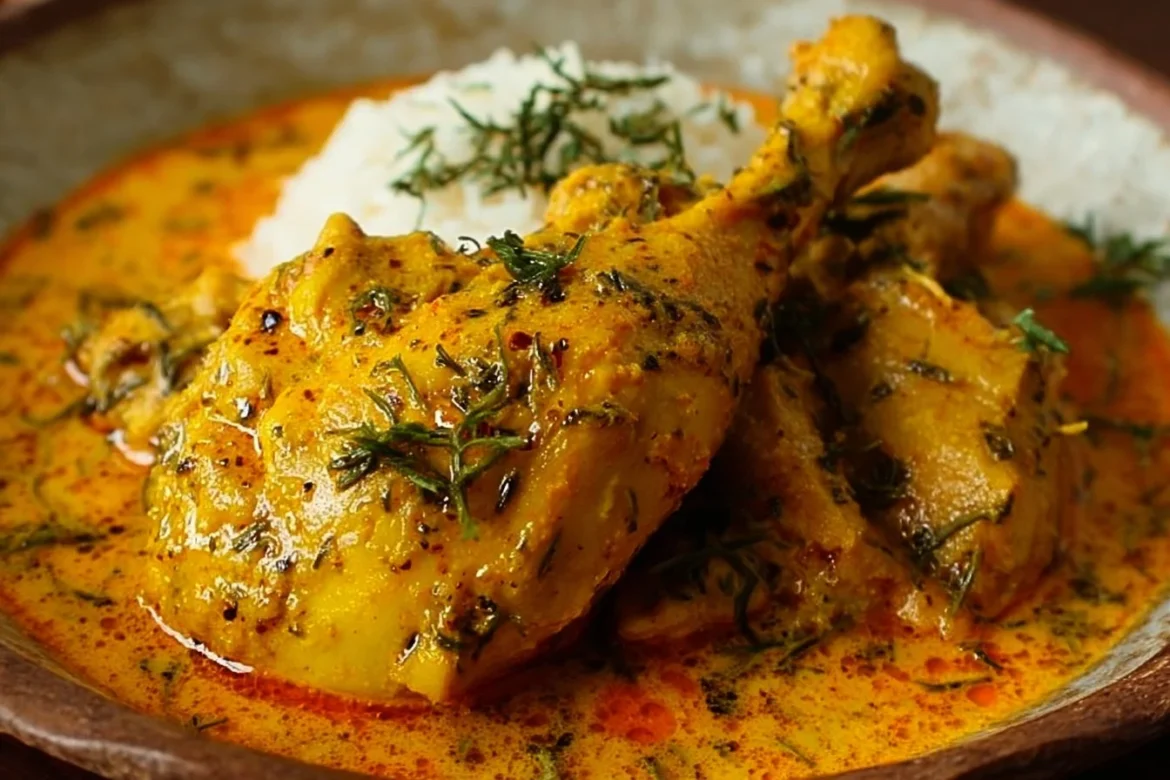 Plate of Yellow Churu Chicken with spices and herbs, showcasing vibrant colors.