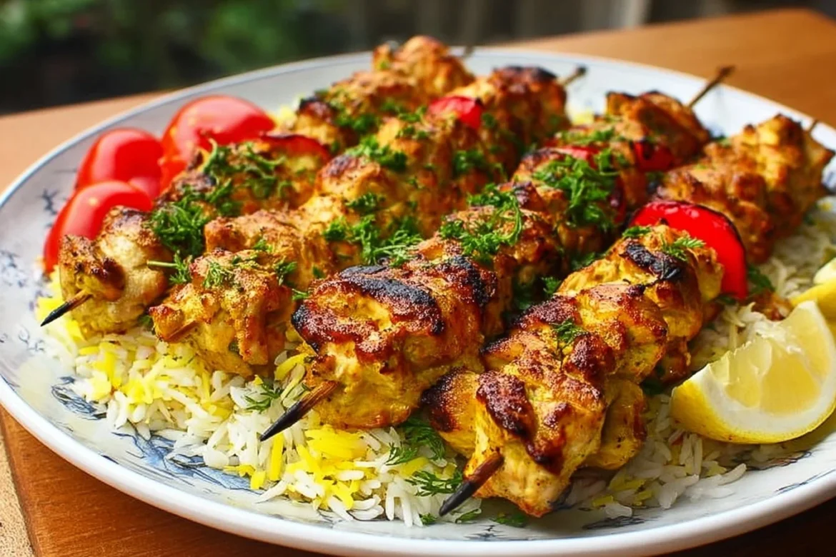 Yogurt marinated chicken kebabs ready for grilling