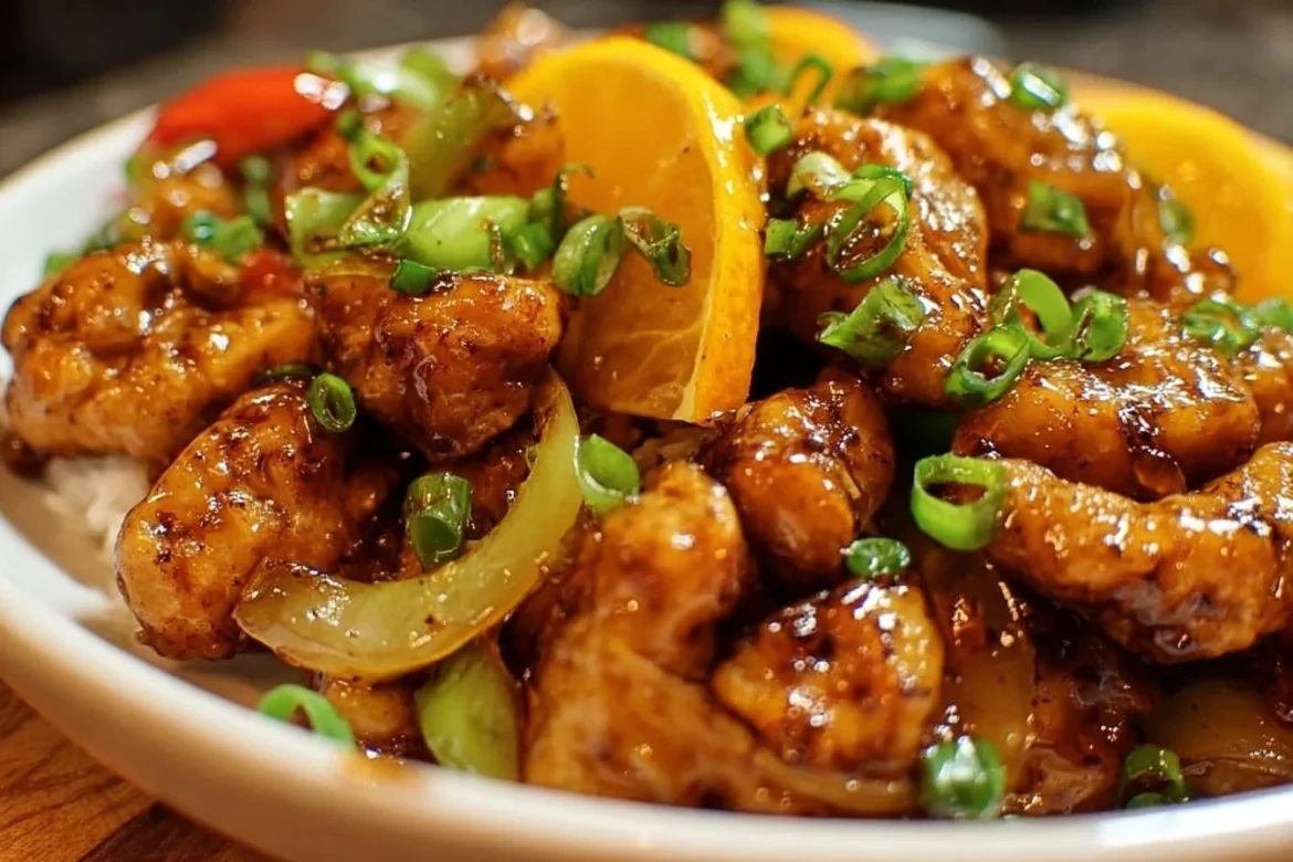 Zesty Blackstone Orange Chicken served sizzling on a plate with orange slices