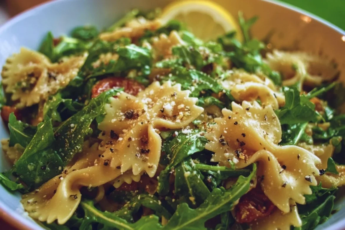 Zesty lemon arugula pasta salad in a bowl garnished with lemon slices.