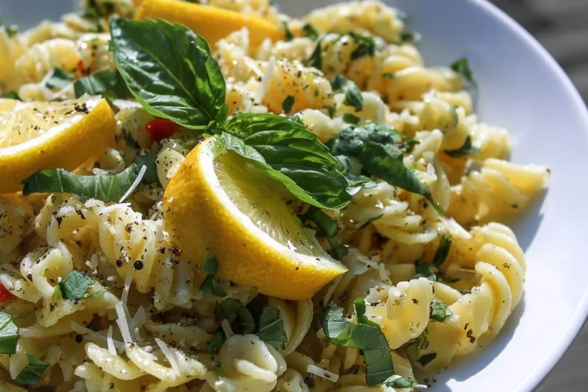Zesty Lemon Basil Pasta Salad with vegetables and herbs
