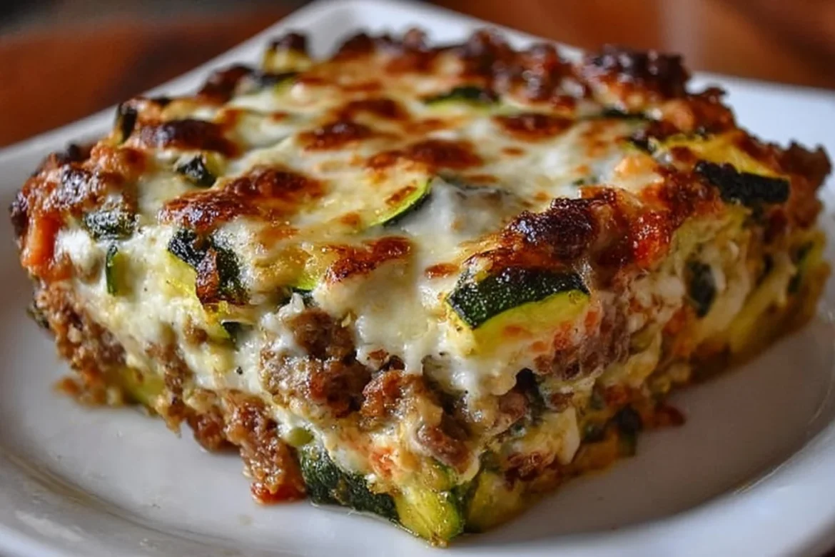 Delicious Zucchini Pizza Casserole served on a plate with toppings.