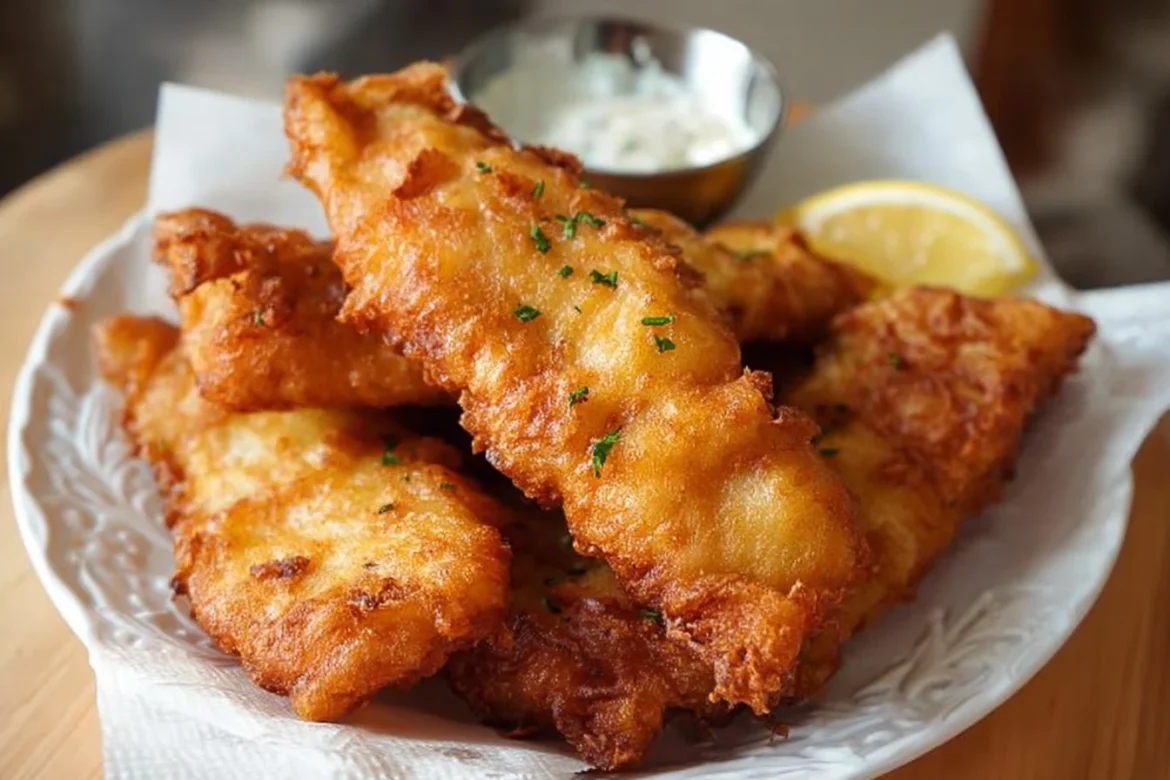 Crispy air fryer battered fish served with lemon and tartar sauce