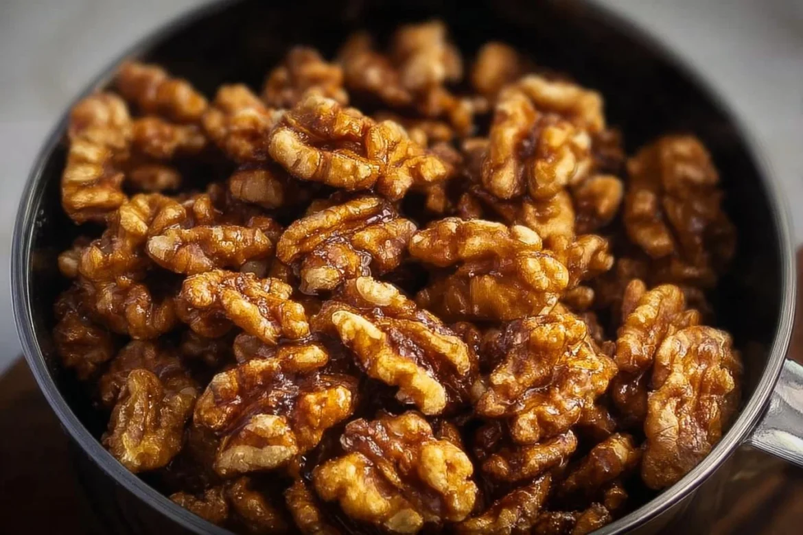 Bowl of crispy air fryer candied walnuts for snacking and dessert topping