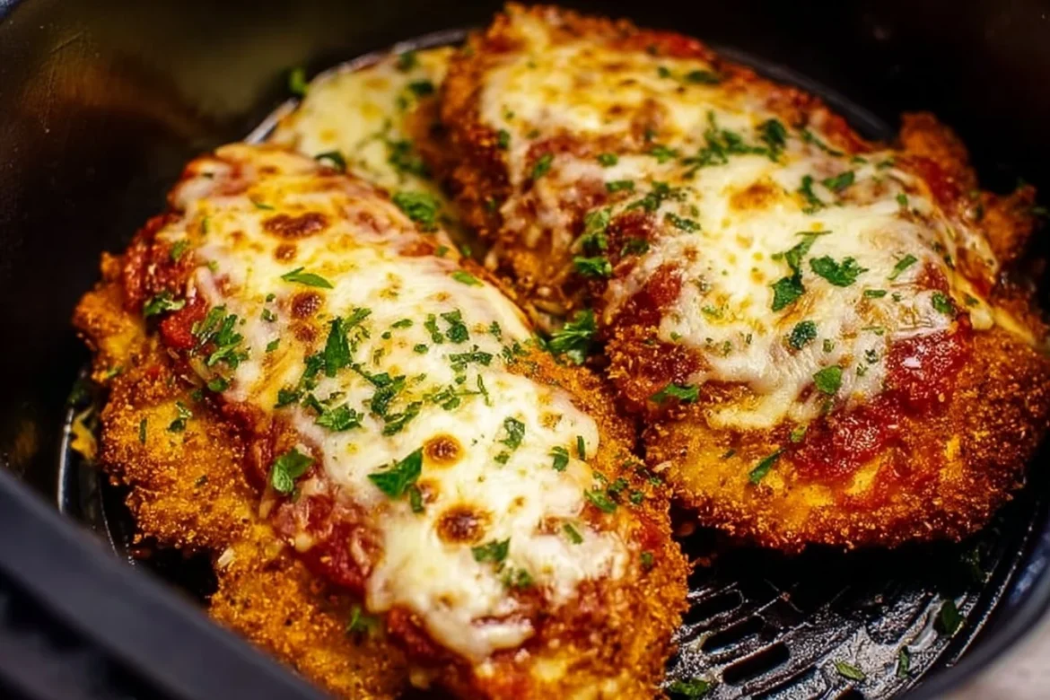Crispy Air Fryer Chicken Parmesan served with marinara sauce and fresh basil