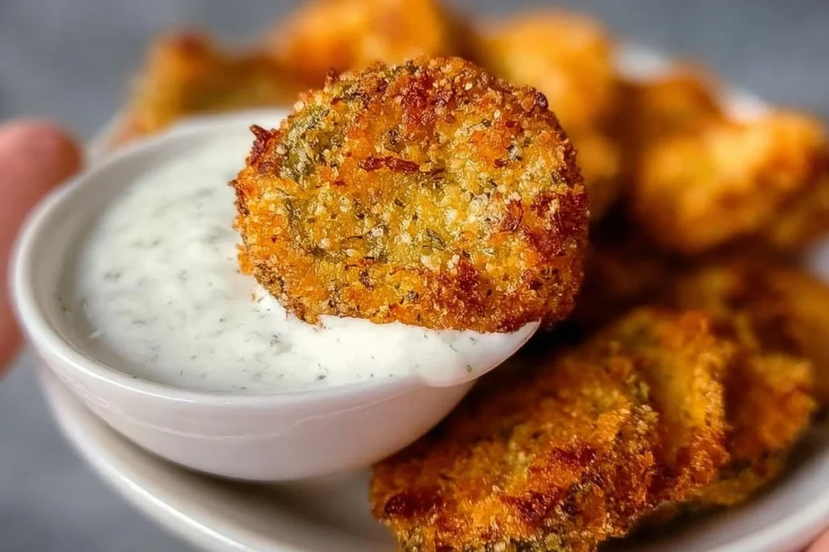 Crispy air fryer fried pickles served with dipping sauce