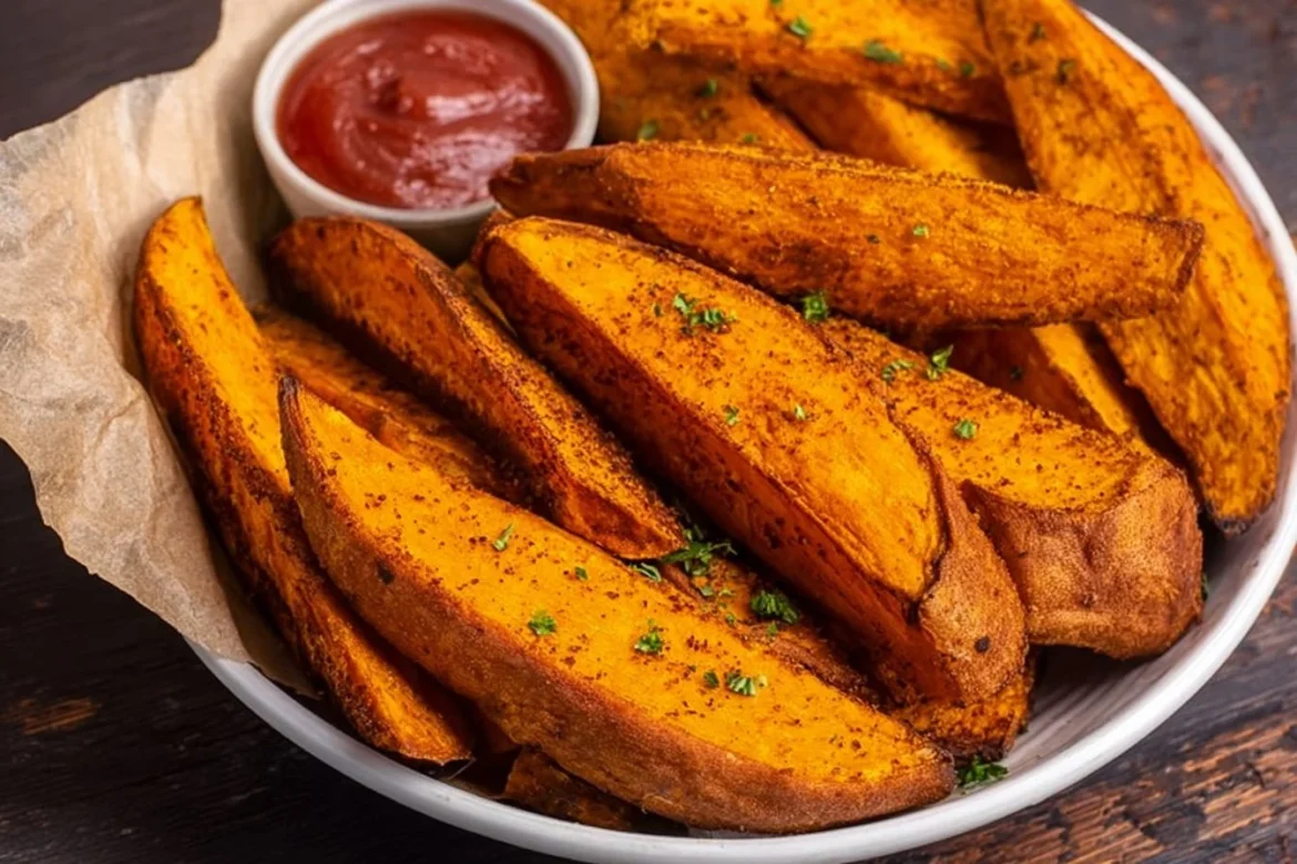 Crispy air fryer sweet potato wedges served on a plate