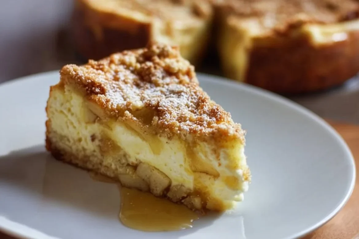 Slice of Apple Mascarpone Cheesecake Cake topped with caramel and apple slices.
