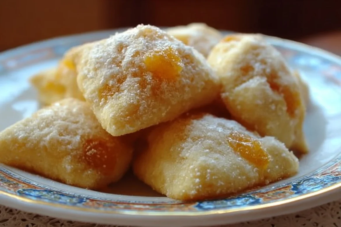 Freshly baked apricot pillow cookies on a rustic wooden table