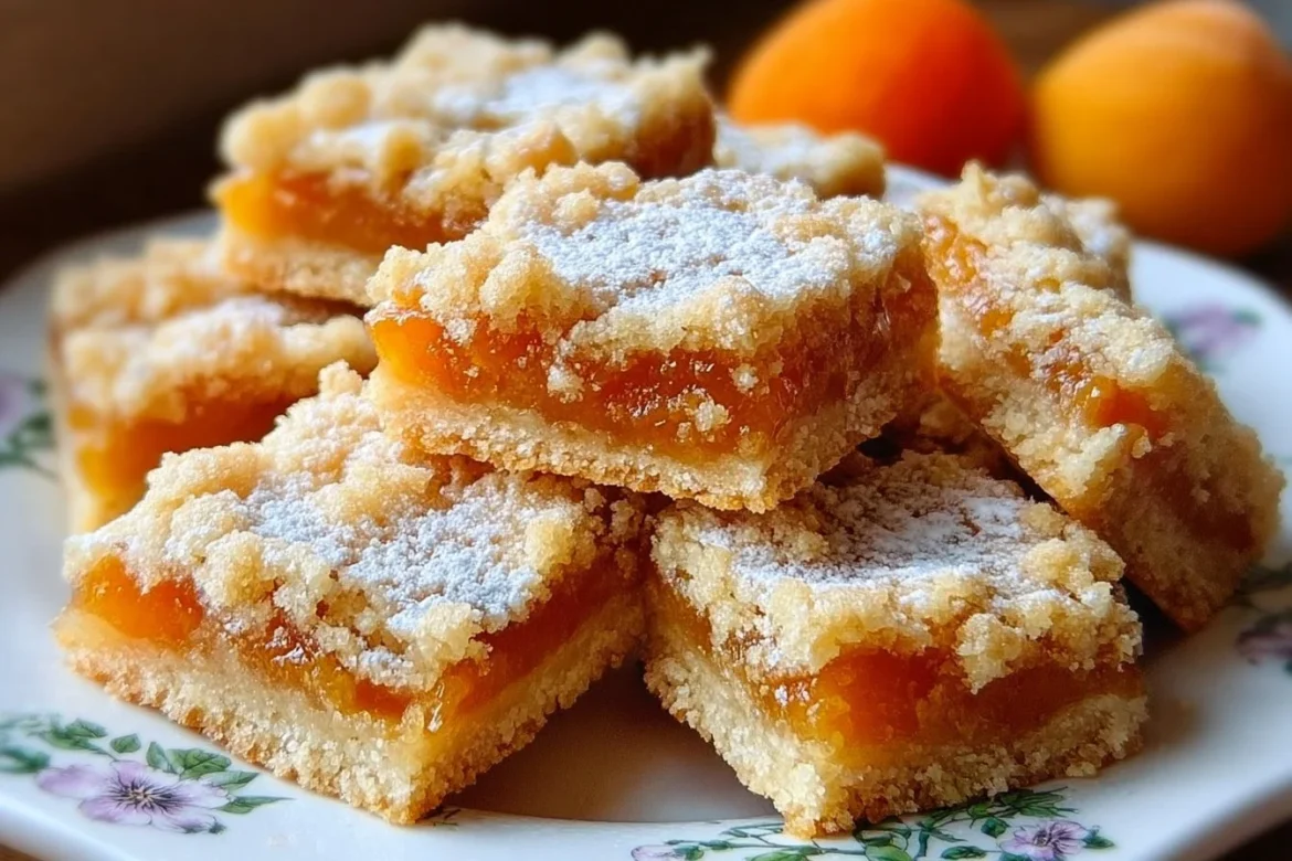 Delicious Apricot Shortbread Bars garnished with apricot slices on a plate.