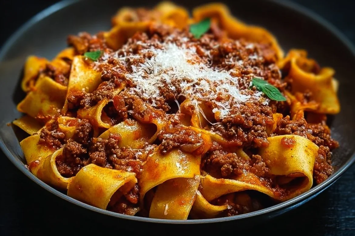A delicious plate of authentic Pappardelle Bolognese topped with fresh herbs.