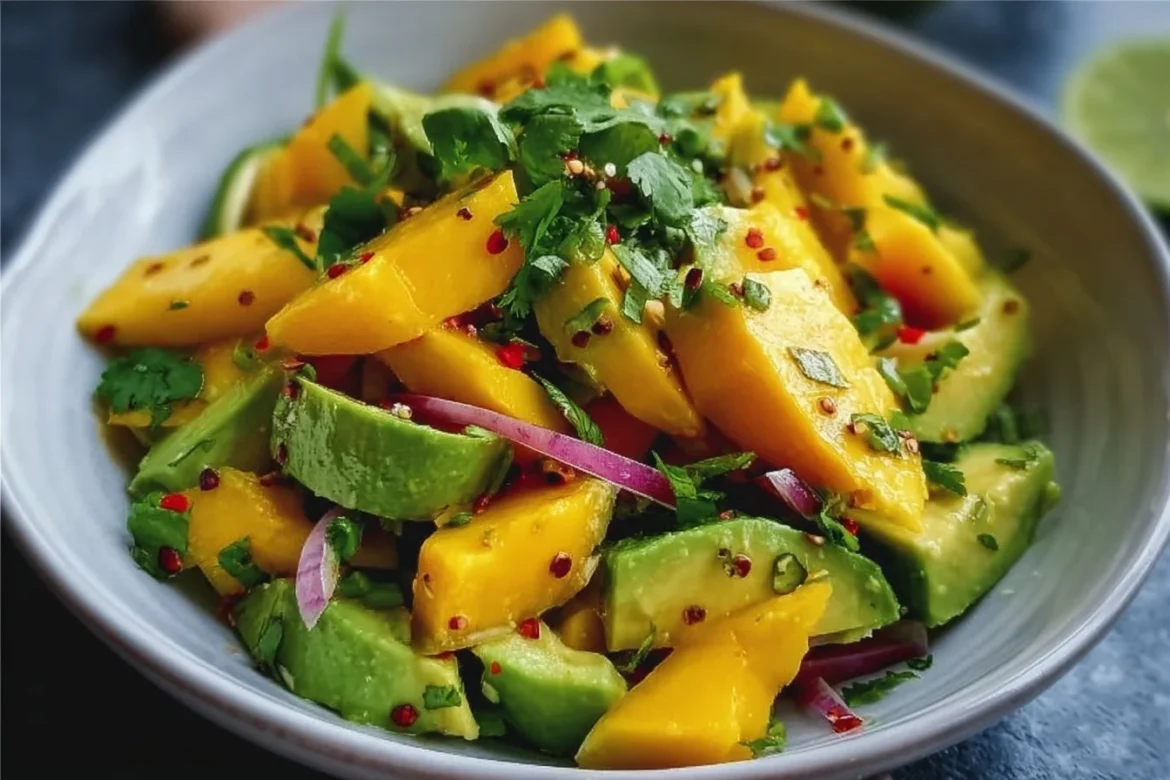 Avocado Mango Salad topped with lime dressing and fresh ingredients