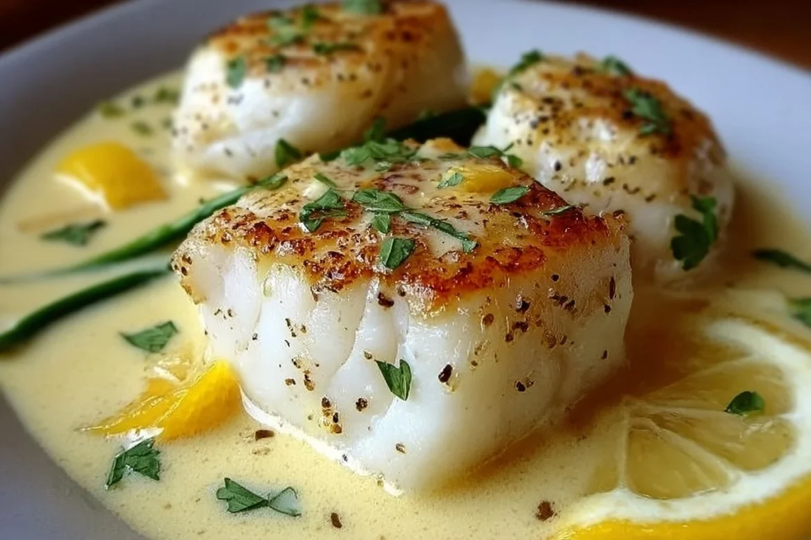 Plate of Baked Cod in Coconut Lemon Cream Sauce garnished with herbs.