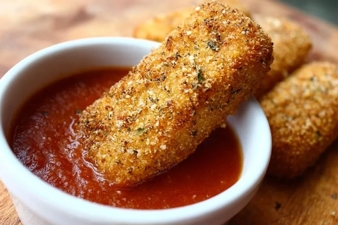 Baked mozzarella sticks served with marinara sauce for dipping