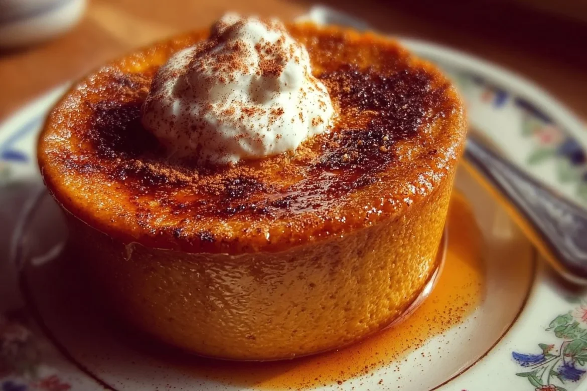 Delicious baked pumpkin spice pudding dessert served in a bowl