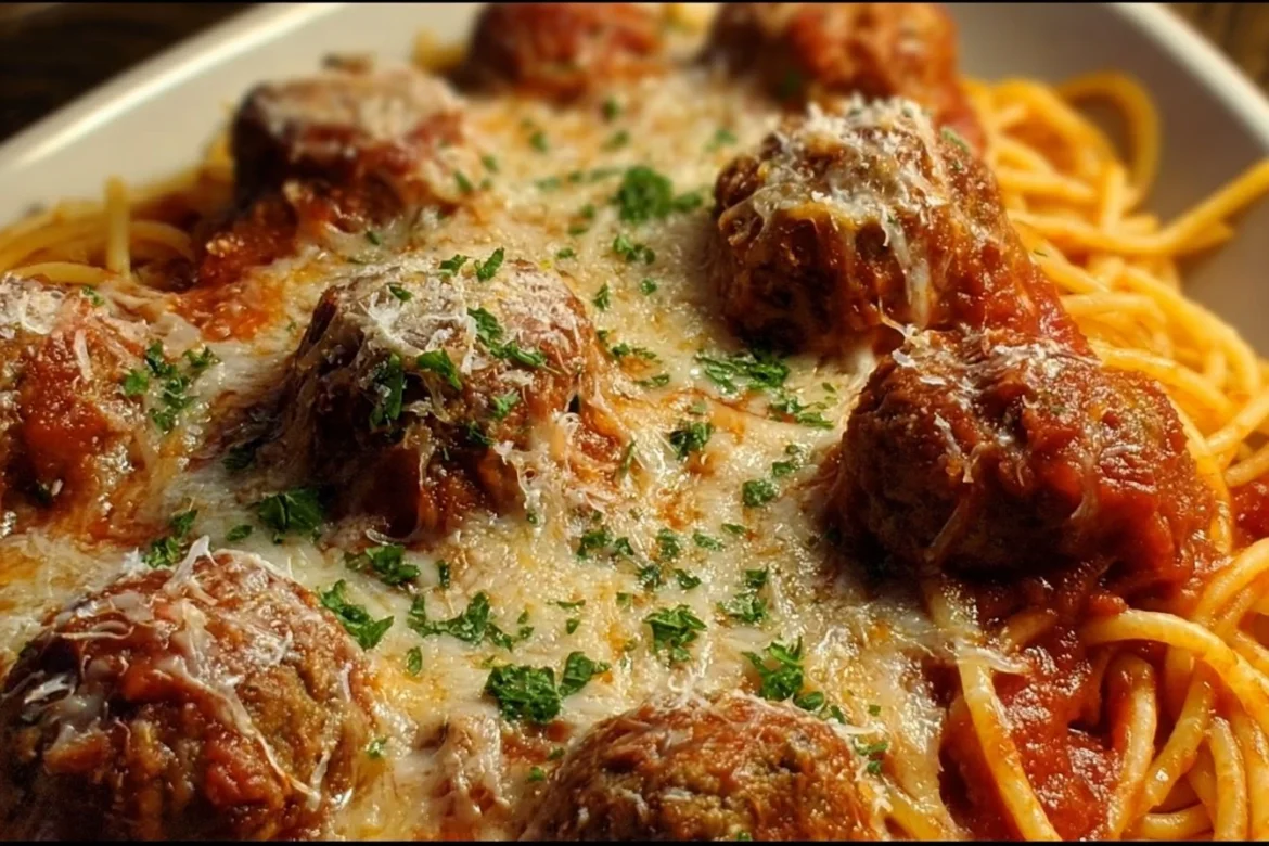 Baked spaghetti and meatballs topped with melted cheese in a baking dish