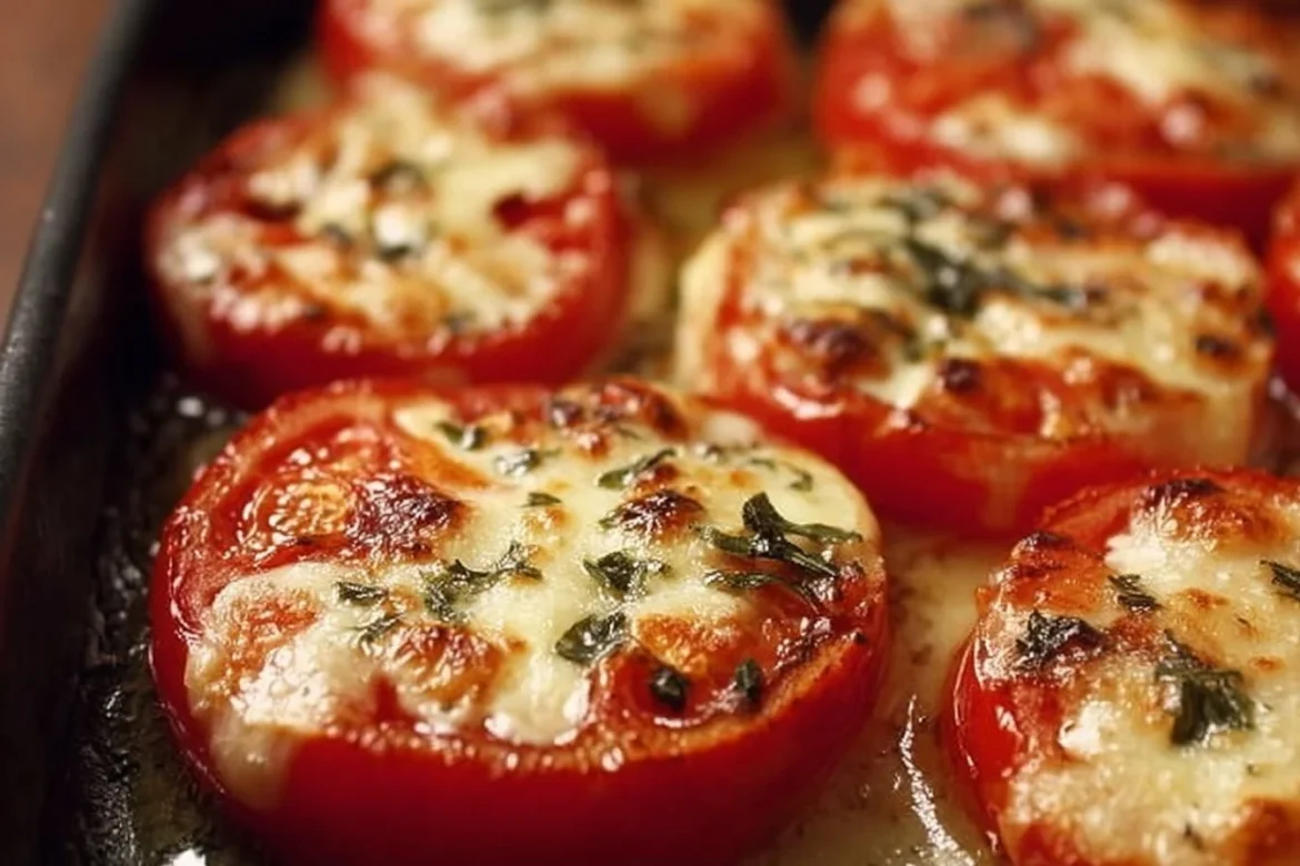 Delicious baked tomatoes topped with melted cheese, ready to serve