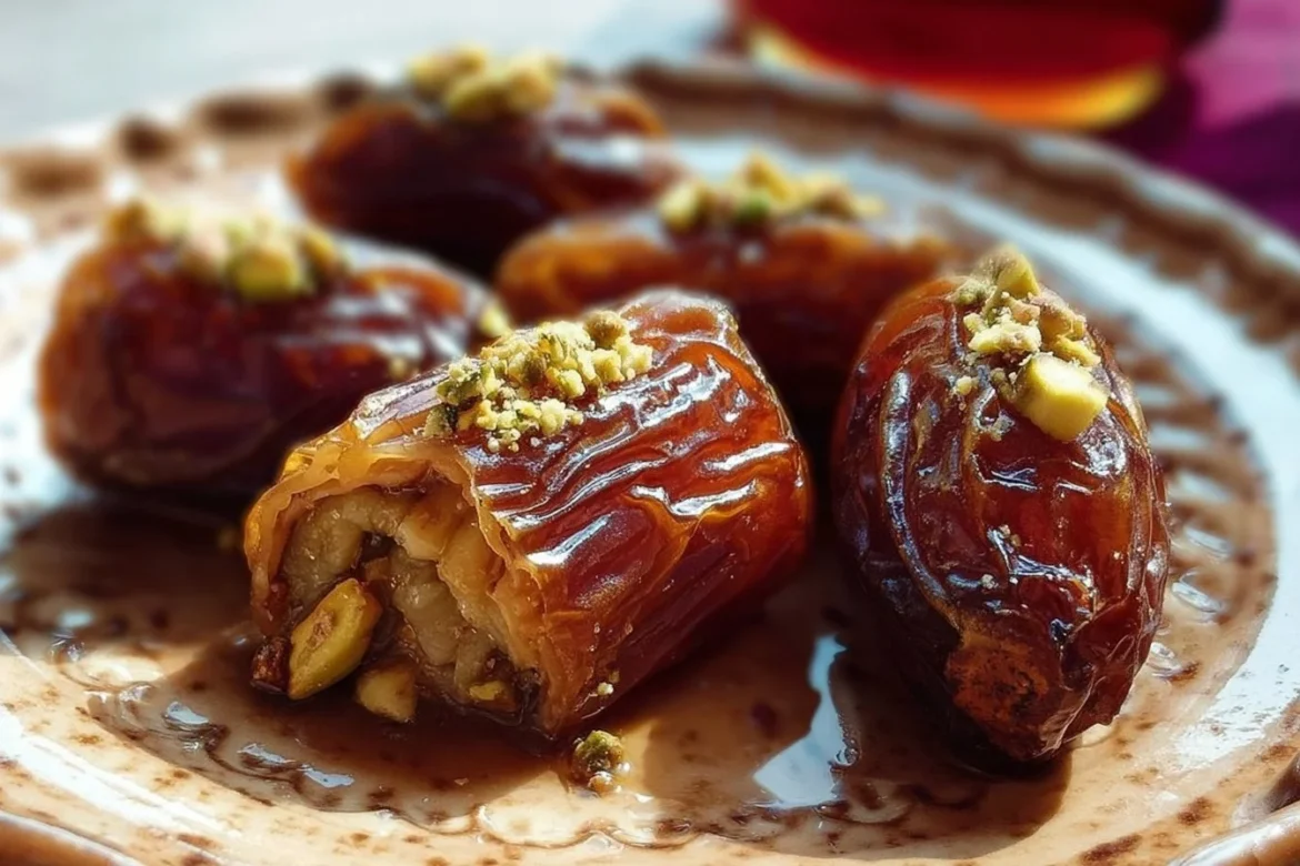 A platter of baklava stuffed dates showcasing a delicious fusion of nuts and honey.