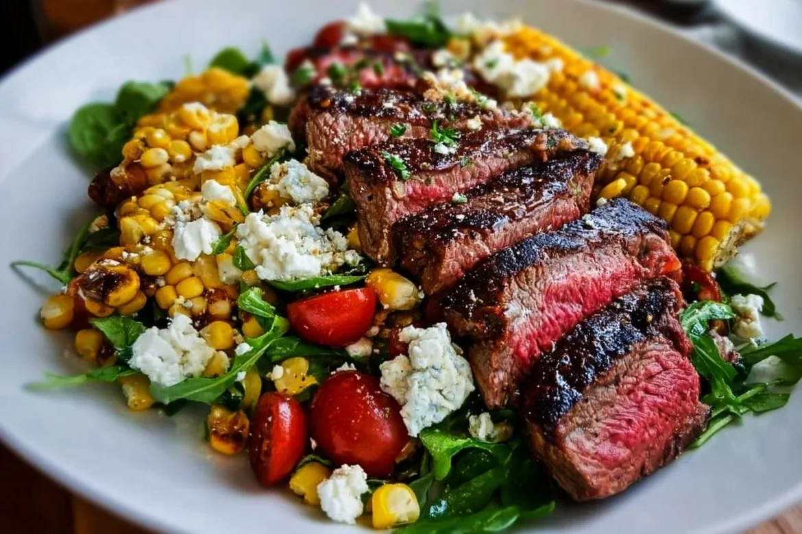 Balsamic steak salad with Gorgonzola cheese and grilled corn on a plate