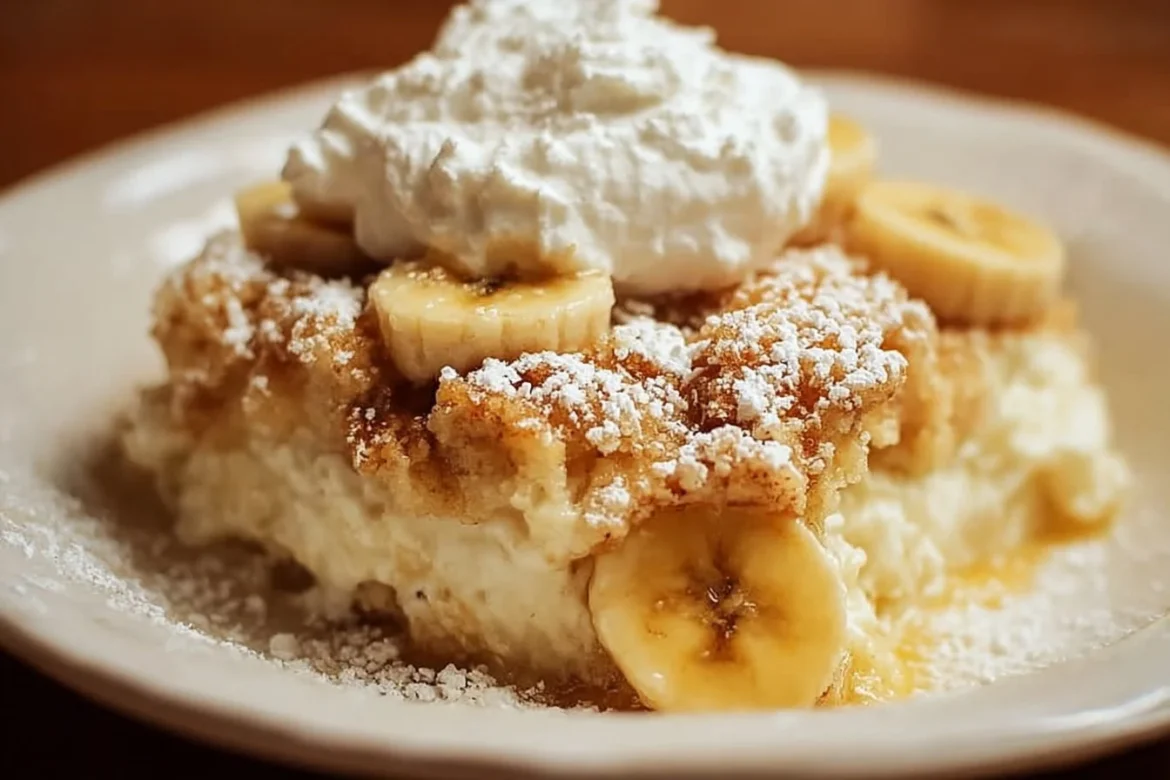 Delicious Banana Cream Cheese Cobbler served in a dish