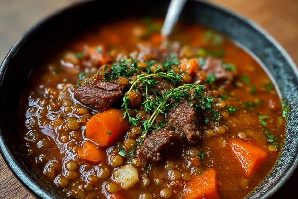 Delicious bowl of beef lentil soup with fresh herbs and vegetables