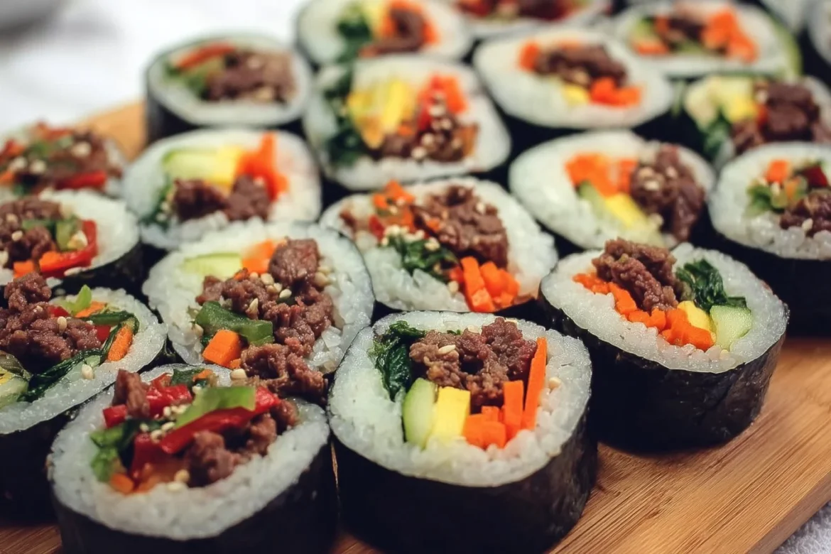 Delicious Beef Bulgogi Kimbap with marinated beef and fresh vegetables