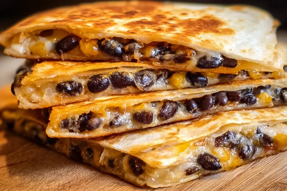 Delicious black bean quesadillas served with salsa and guacamole.