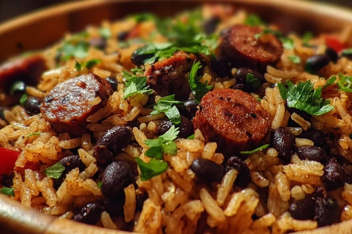 Plate of black beans and rice with sausage garnished with herbs