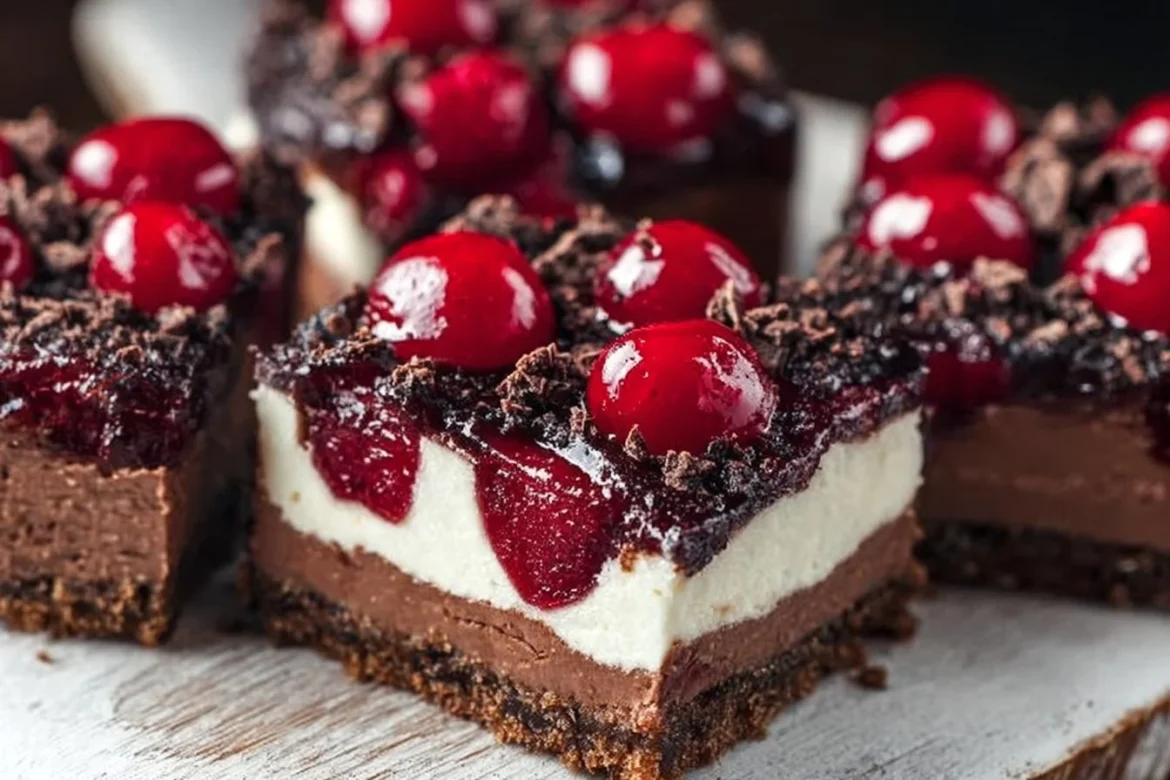 Delicious Black Forest Cheesecake Bars topped with cherries and chocolate