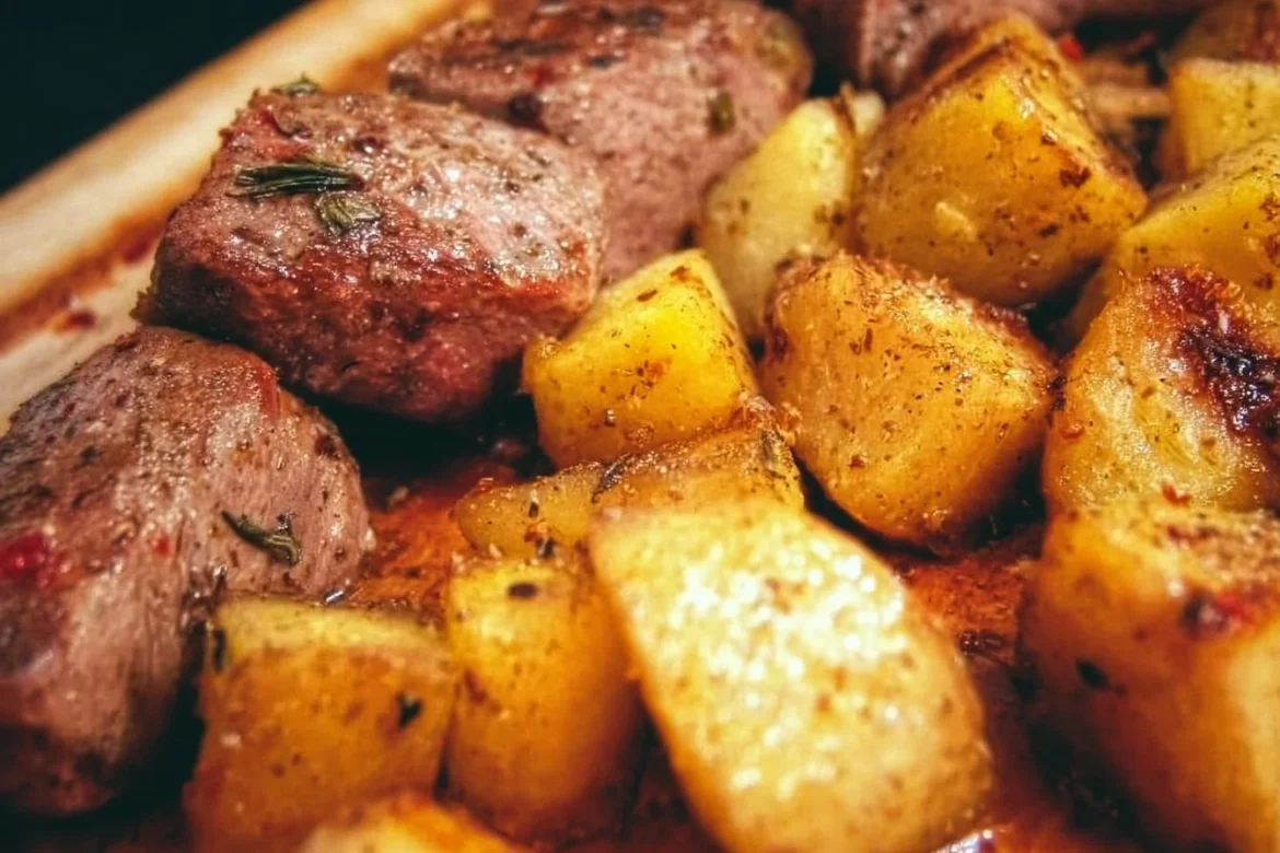 Delicious Blackstone steak paired with perfectly cooked potatoes.