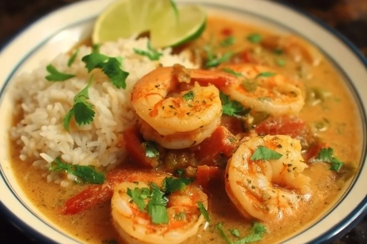 Delicious Brazilian Coconut Shrimp Stew in a bowl, garnished with herbs.