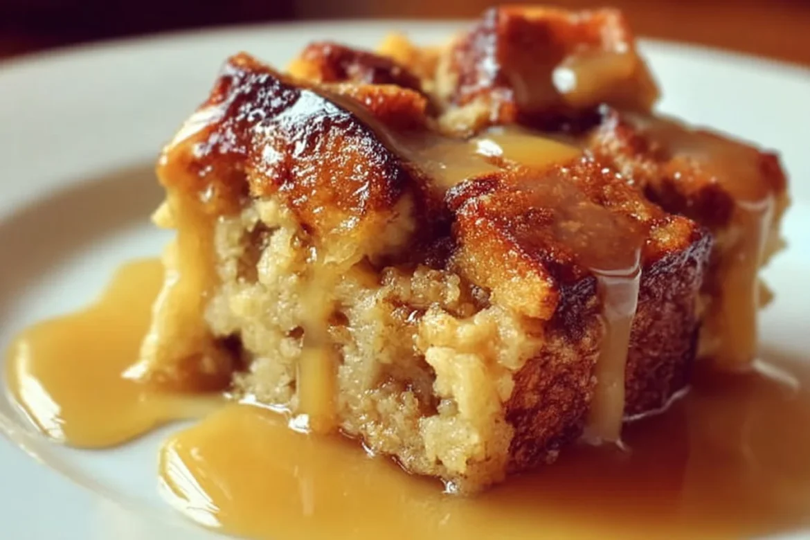 Delicious Bread Pudding with Vanilla Caramel Sauce served in a bowl
