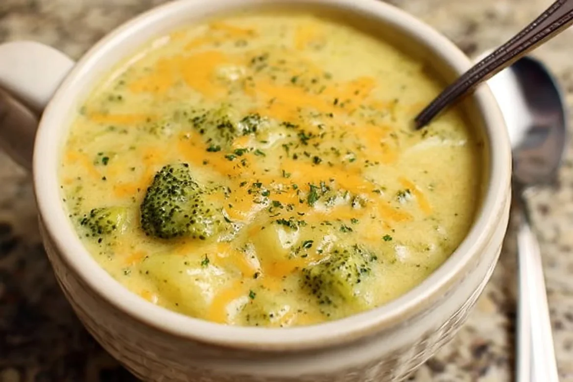 Bowl of creamy broccoli potato cheese soup garnished with parsley