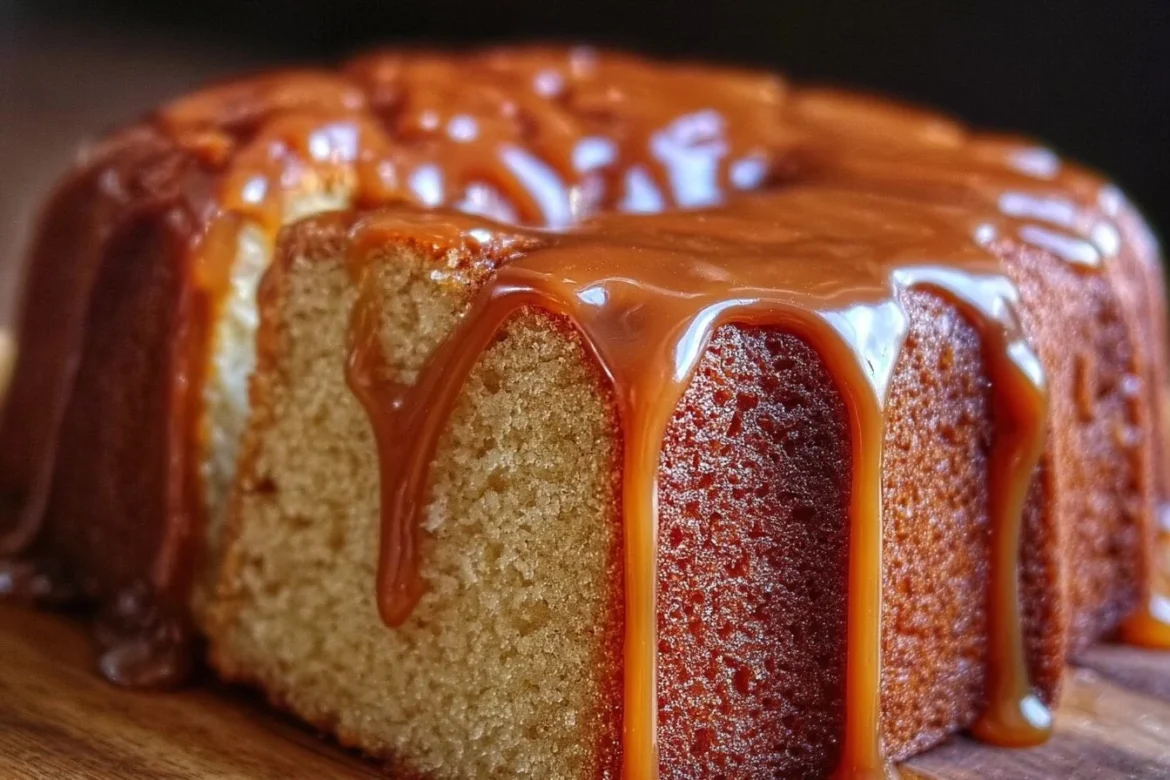 Delicious brown sugar caramel pound cake with a golden, moist texture.