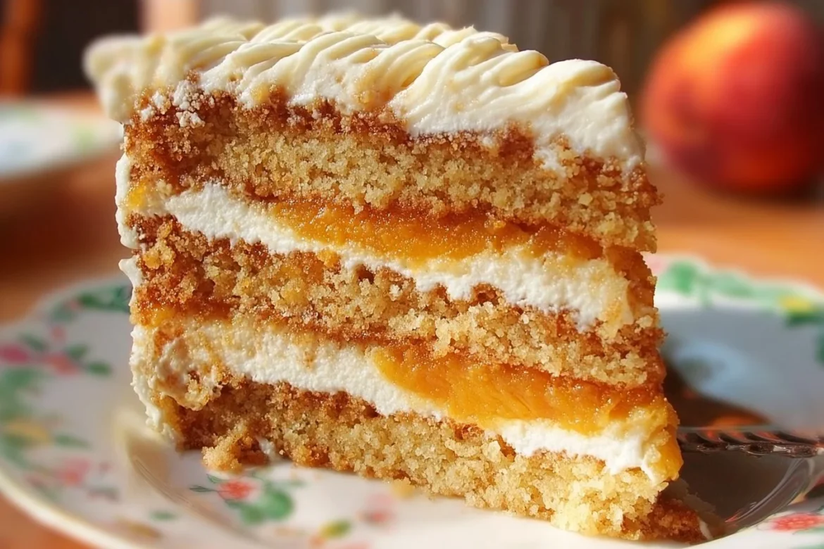 Brown Sugar Layer Cake with Peach Filling, showcasing layers of sweetness and fruit filling.