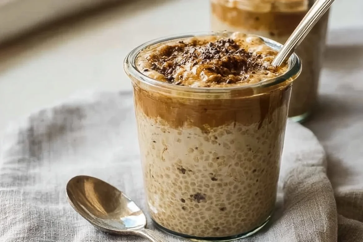Brown Sugar Shaken Espresso Overnight Oats in a jar with coffee beans and oats