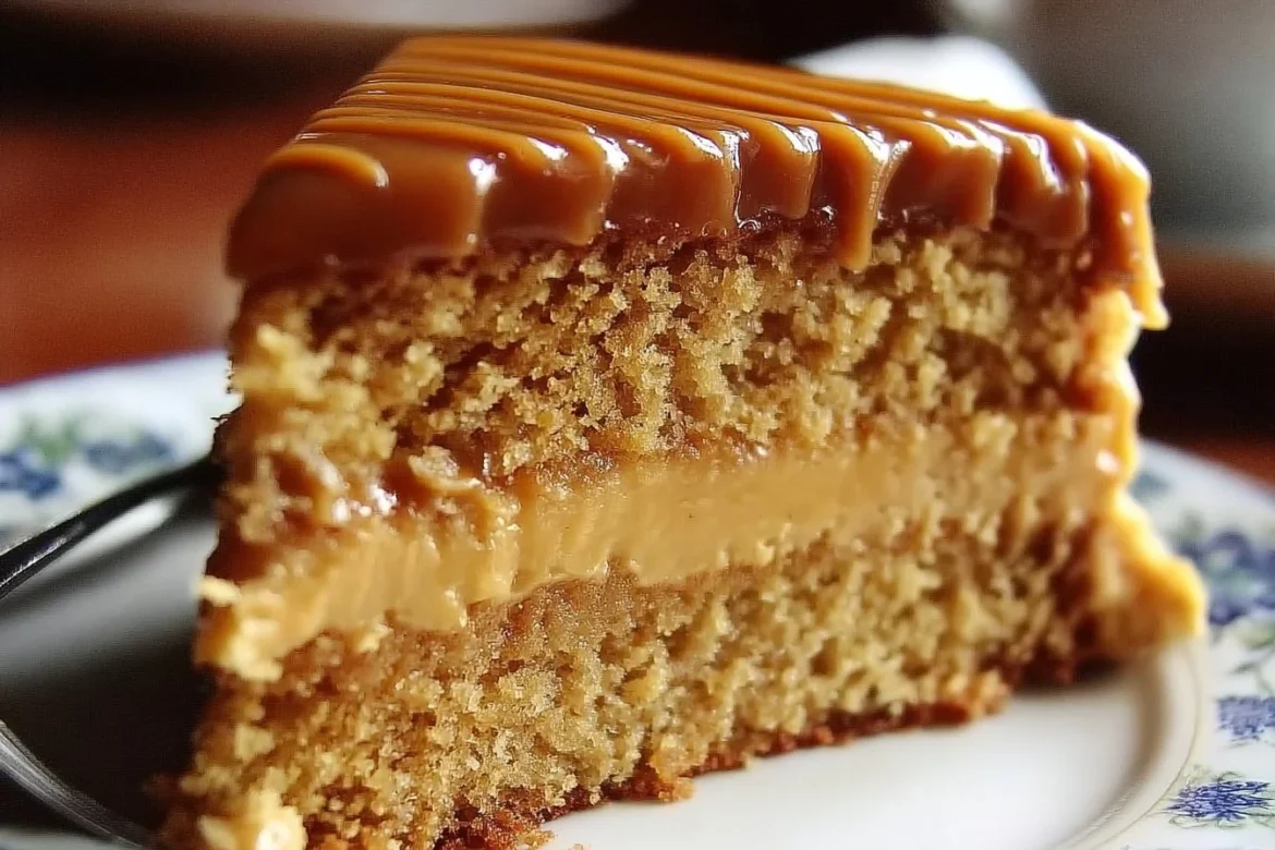 Delicious butterscotch cake with caramel icing on a decorative plate