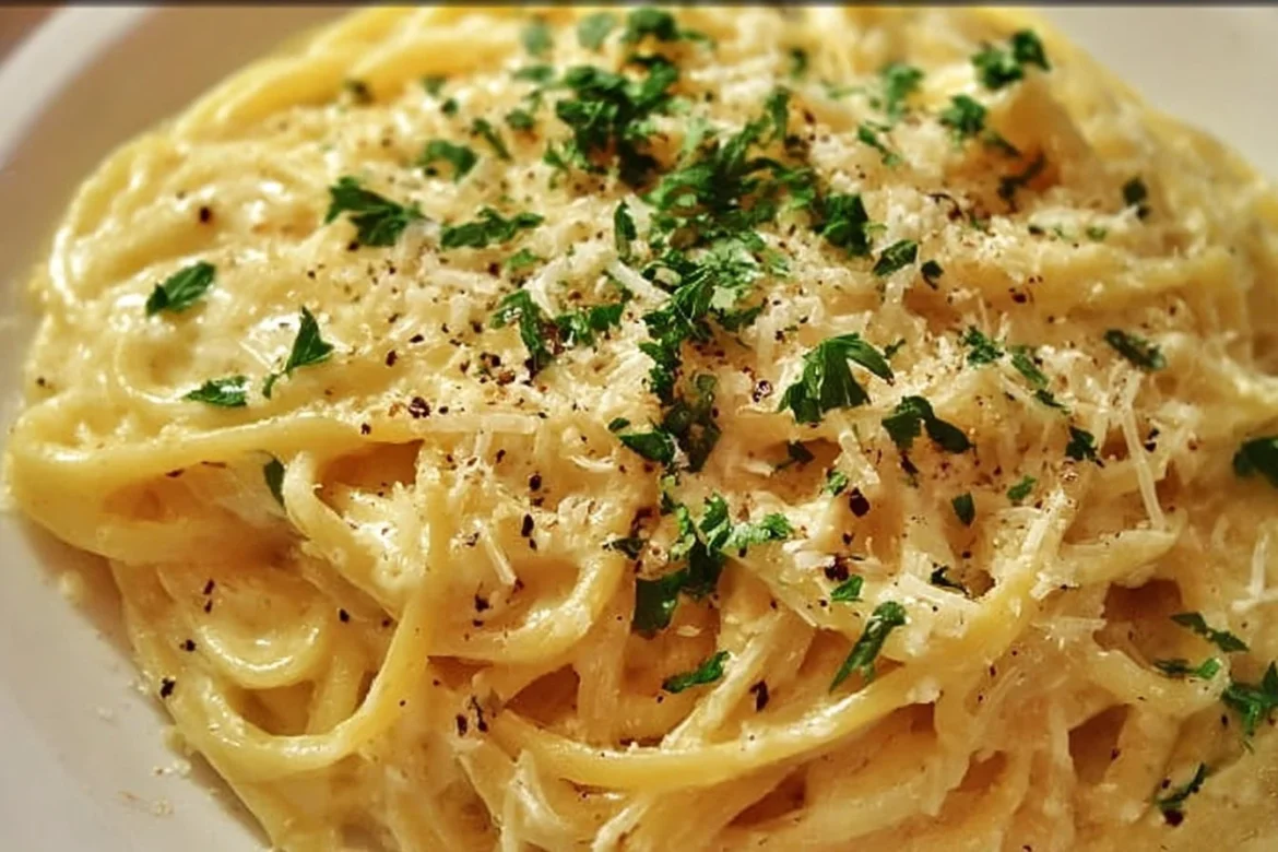 Buttery garlic noodles with Parmesan cheese sprinkled on top